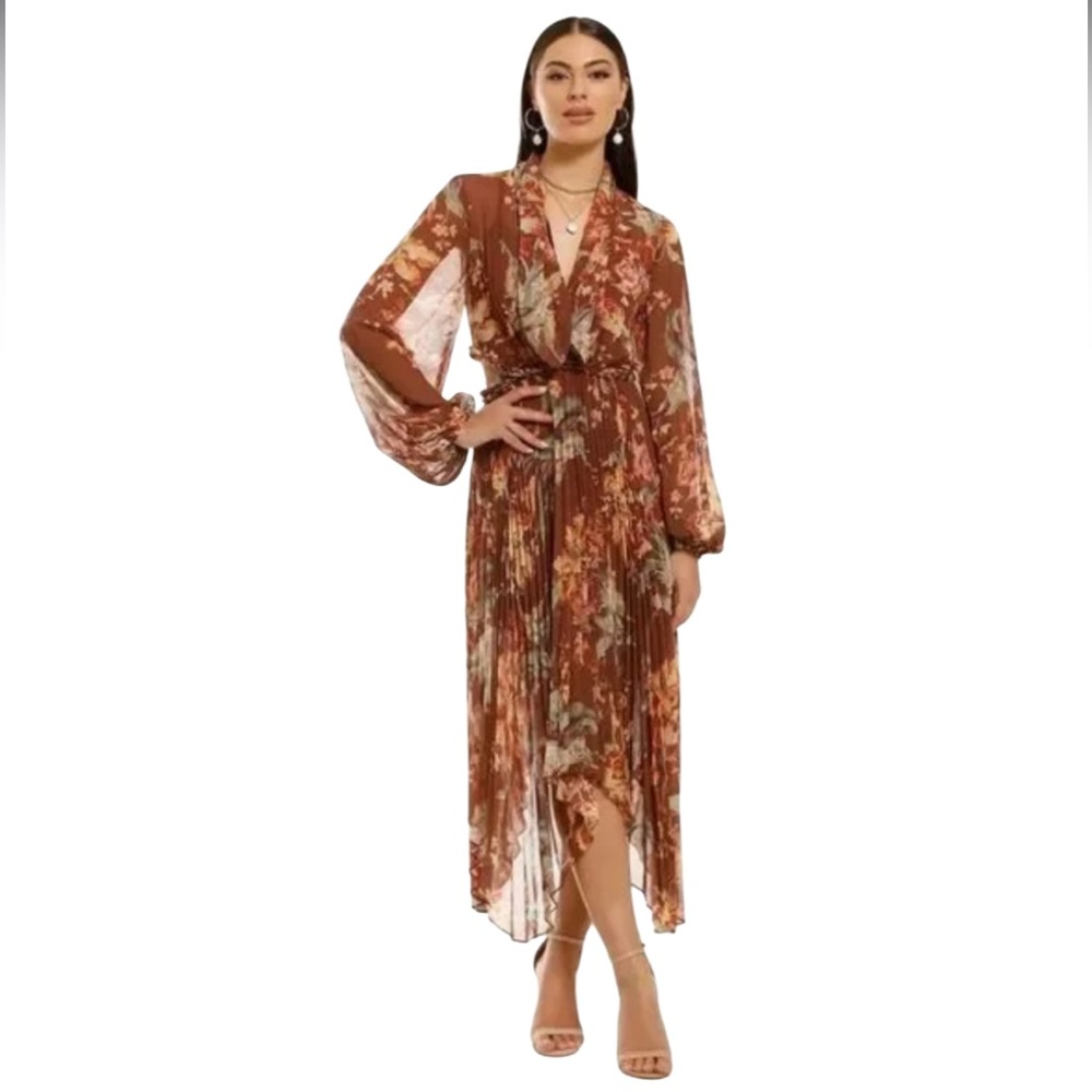 Revolve Keepsake The Label Unravel Tie Neck Floral Pleated Dress Chocolate Lily